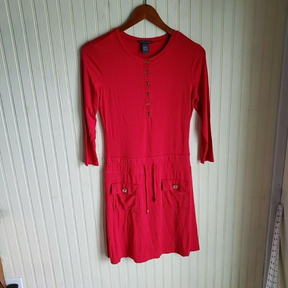 Chelsea & Theodore Dress Womens 2 Pink Solid 3/4 Sleeve Henley Short Pockets